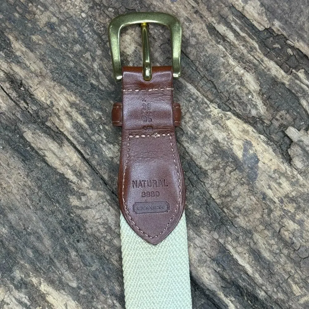 Vintage Coach 3880 Belt Size 38 Natural Canvas Leather Brass Buckle USA Made Tan
